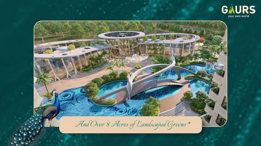 Landscaped pool gardens aerial render, Gaurs branding on frame