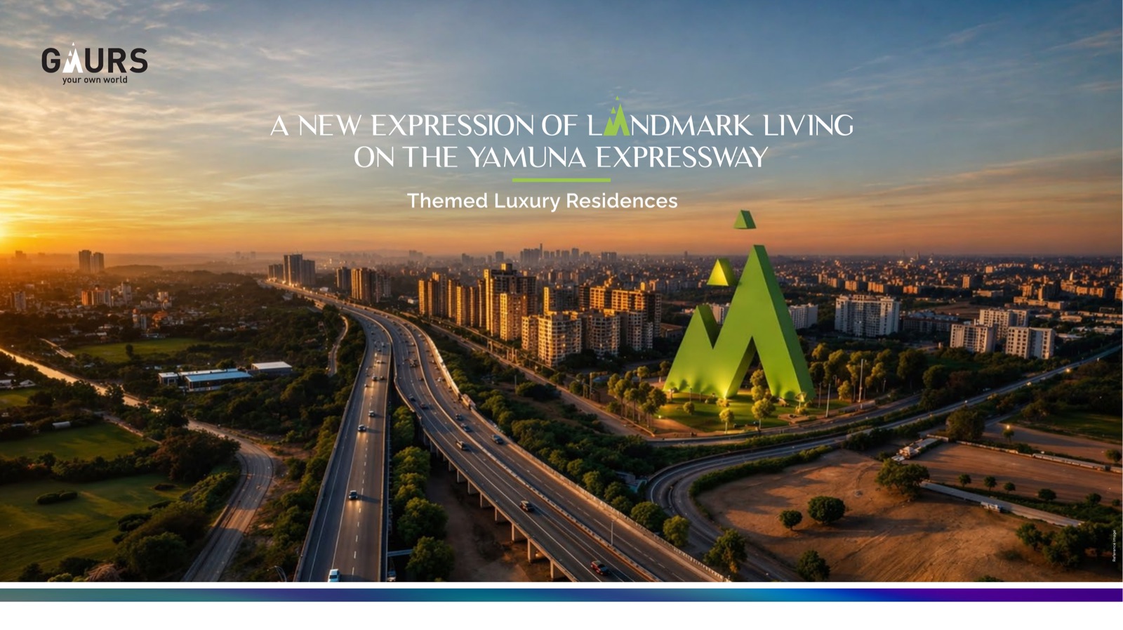 Gaur Alaris corridor teaser graphic reading A New Expression of Landmark Living on the Yamuna Expressway — artistic reference image